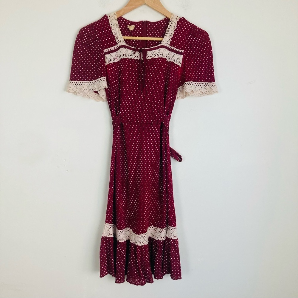 Vintage 1970s girls brick red polkadot prairie dress with crochet trim. Size 11. - Picture 1 of 5